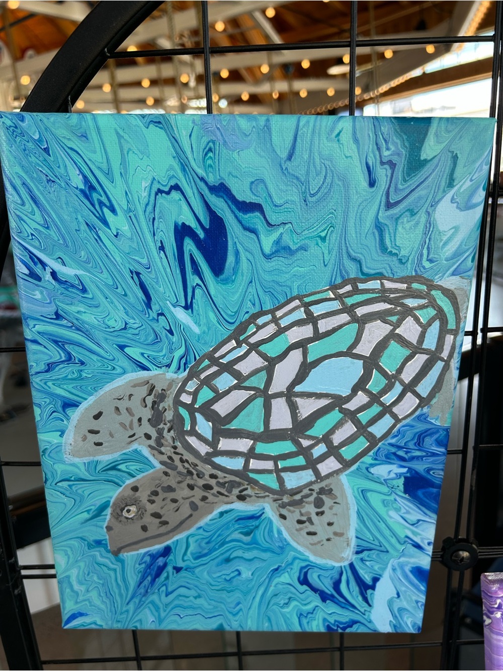 Original “Under The Sea” Sea Turtle Mosaic Acrylic Painting 9x12